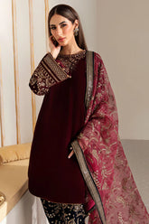 KP901-Winter Velvet Unstitched 3PCs Embroidered Dress With Organza Dupatta